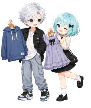 Adam and Lyone holding up new outfits